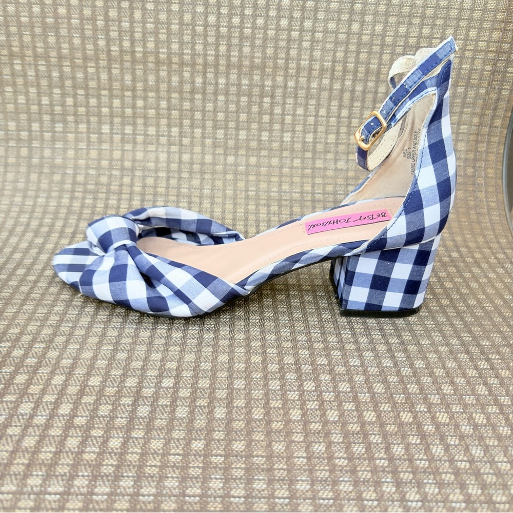 Vintage Betsey Johnson Ivee Women 7 Navy Gingham Bow Ankle Strap Heeled Sandals - Picture 3 of 9